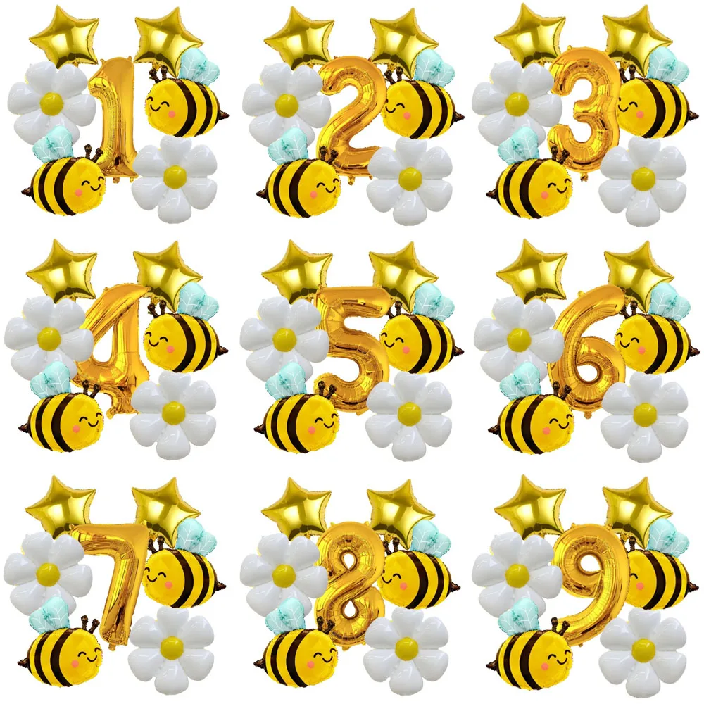 7 teile/satz Biene Gänseblümchen Themen Ballon Set mit 32 zoll Gold Anzahl Folien Ballons Geeignet Geburtstag Party Baby Duschen Dekoration