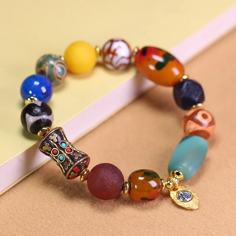 Natural Tibetan Genuine Old Mine Raw Stone Agate Chalcedony Tiger Tooth Dzi Bead Multi-Treasure Bracelet 20x27mm