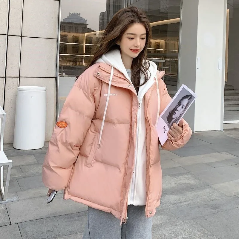 Parkas falsas de dos piezas con capucha para mujer, abrigos holgados de algodón de invierno a la moda, abrigos gruesos de estilo coreano con cremallera dulce, apliques para estudiantes Ins