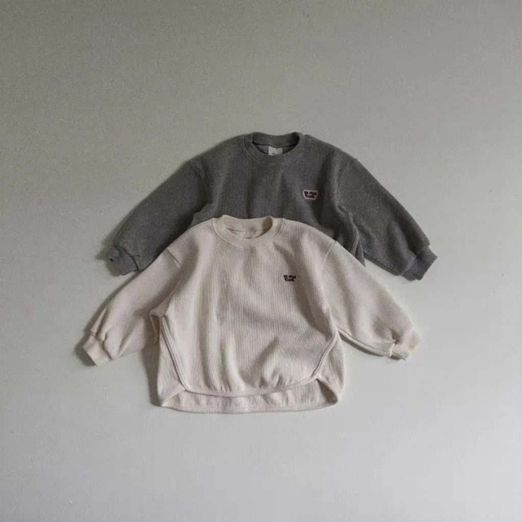 Autumn Baby Long Sleeve Waffle Sweatshirt Boys Girls Simple Versatile Pullover Infant Toddler Letter Loose Casual Tops