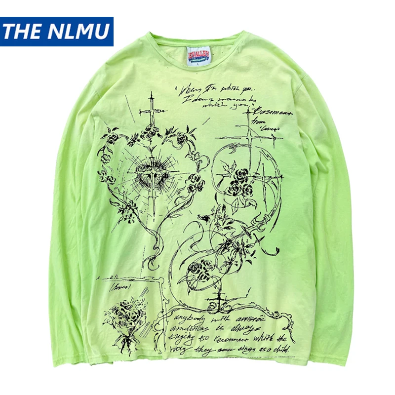 

2026 New Vintage Distressed Long Sleeve T-Shirt Unisex Washed Ripped Punk Letter Print 100% Cotton Loose Tee Green Blue