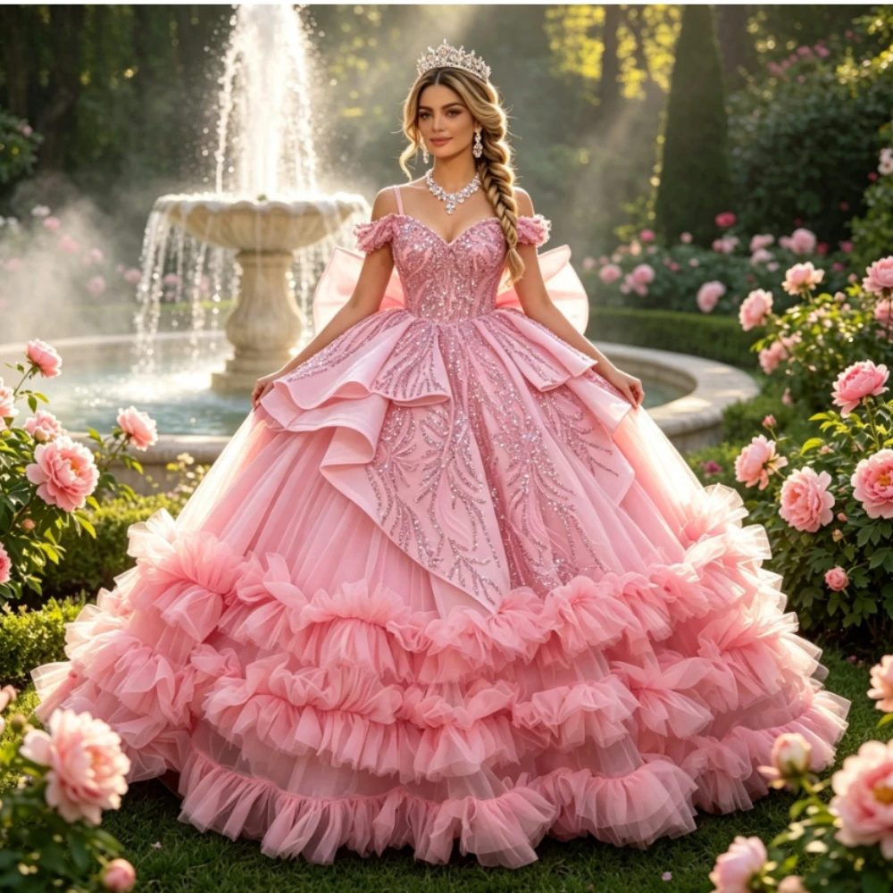 Customized Attractive Exquisite Quinceanera Dresses for Girl Tiered Spaghetti Straps Bow Sweetheart Vestidos Fashion Ball Gown
