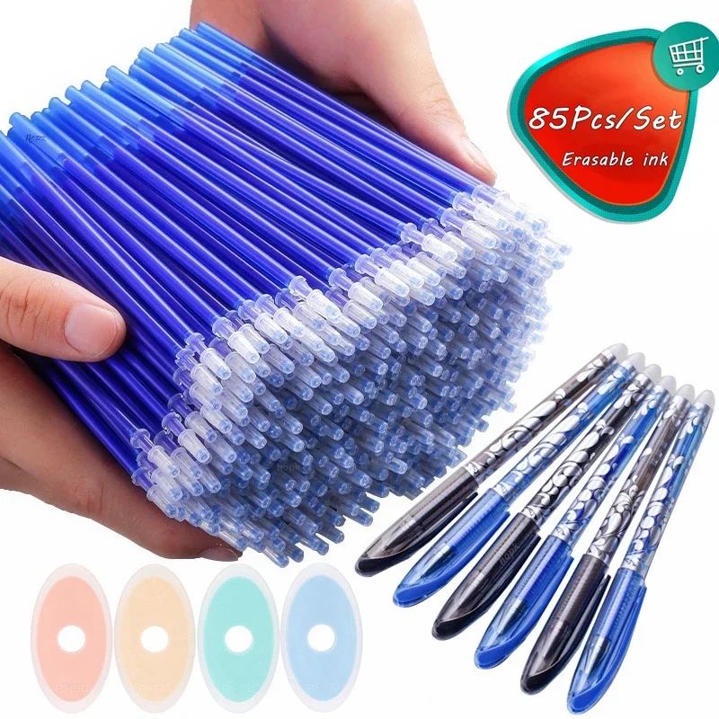 85Pcs/Set Blue Black Ink Gel Pen Rod 0.5mm Erasable Refill Rod Erasable Ballpoint Pen Washable Handle School Writing Stationery