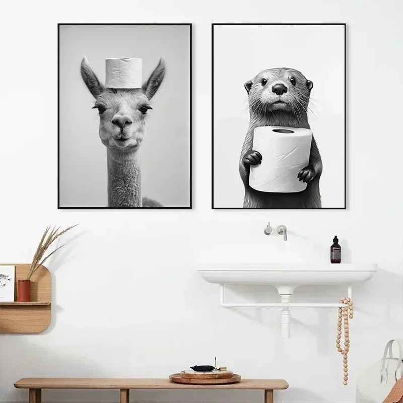 Black and White Funny Bathroom Animal Posters Nordic Otter Fox Puppy Print Canvas Painting Toilet Sink Wall Art Pictures Decor