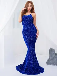 Royal Blue Sequined Maxi Dress Backless Cross Straps Stretchy Sleeveless Evening Party Gown