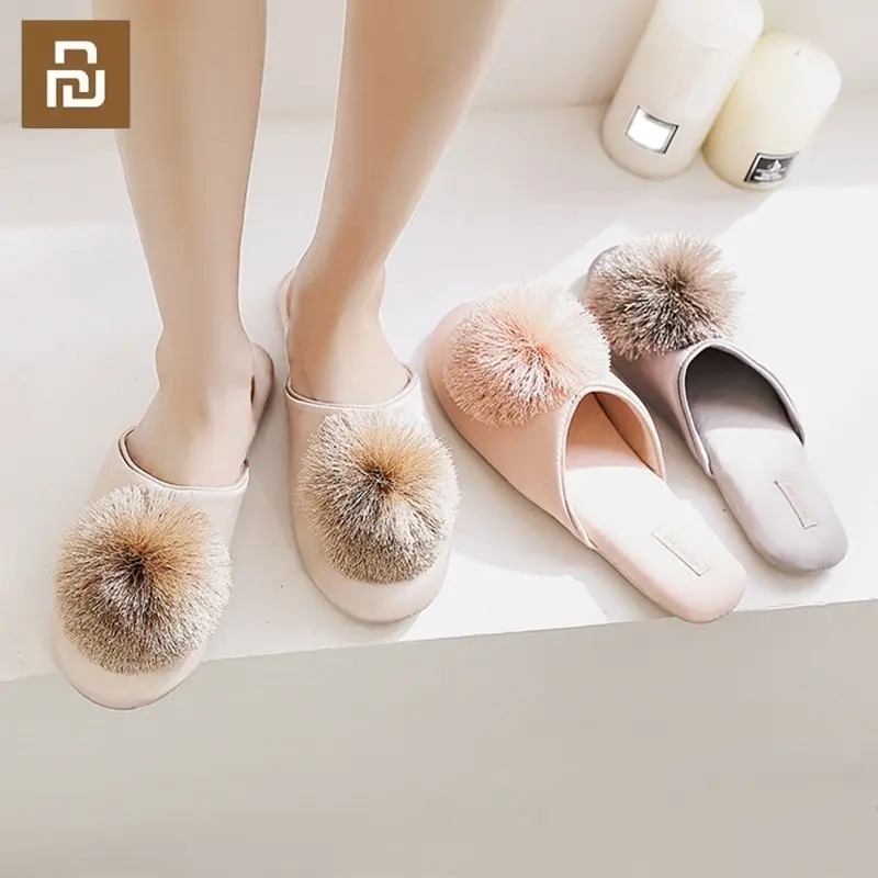 Youpin Women Satin Slippers House Elegant Tassel Hairball Comfortable Cloth Chic Ladies Flat Shoes Luxury Champagne Women Slides