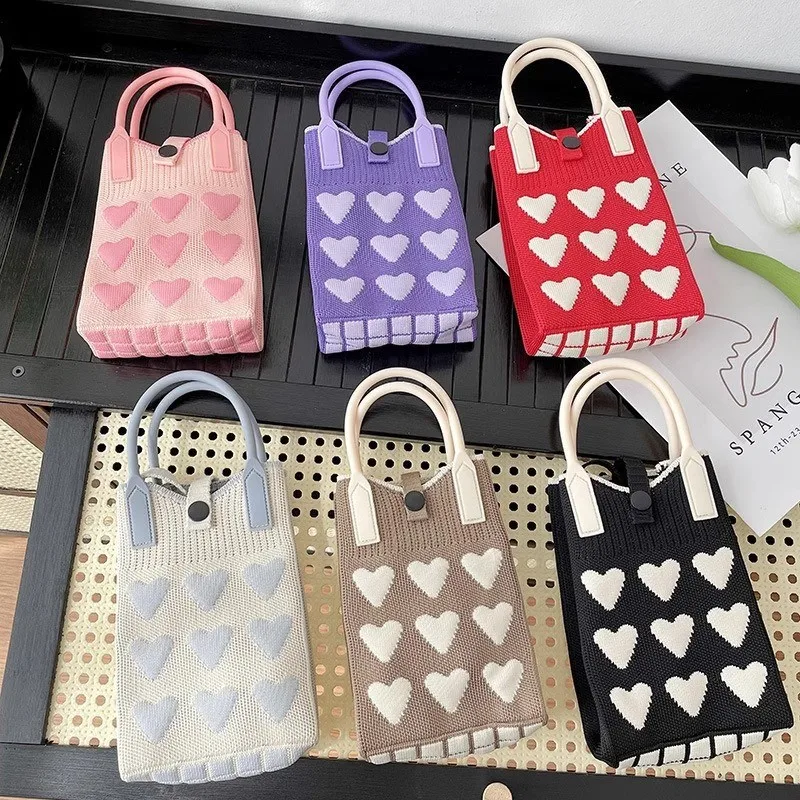 Sweet Heart Jacquard Knitted Phone Bag Removable Strap Crossbody Handbag Portable Mini Cell Phone Purse For Women