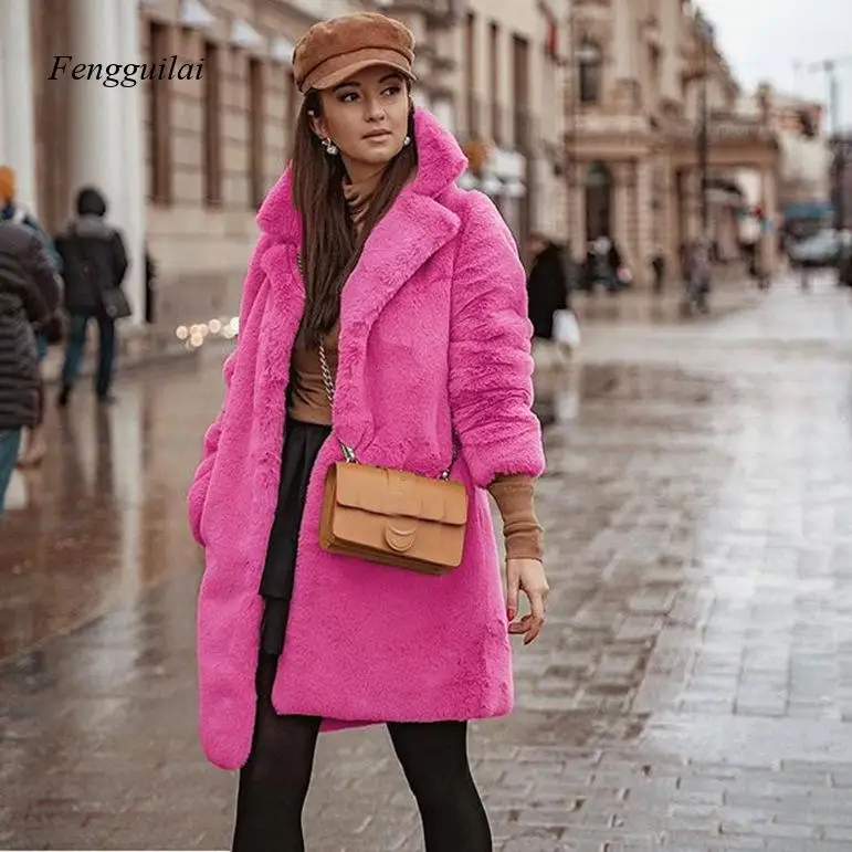 Rendy Hot Pink Teddy Coat  Women's Lapel Collar Mid Length Faux Fur Jacket for Cold Weather