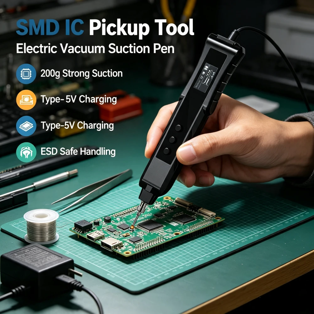 Electric Rechargeable Vacuum Pickup Tool Anti Static Suction Picker Up Hand Tool IC SMD Pick Up Set for IC Component Placement