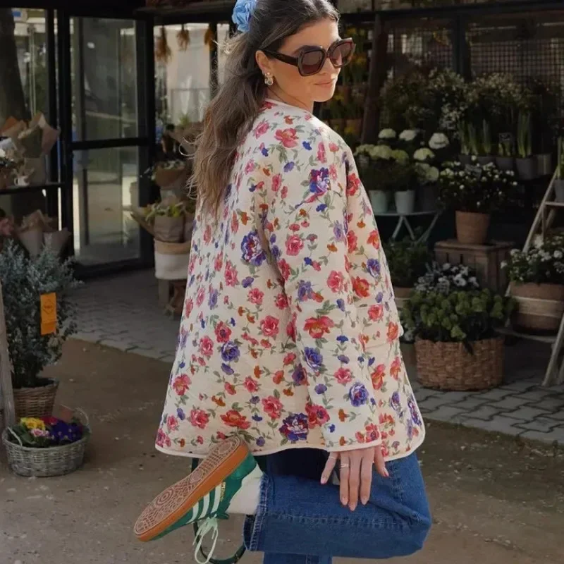 Chaqueta de algodón con estampado Floral para mujer, Abrigo acolchado ligero de manga larga con bolsillos y cuello redondo, ropa de exterior elegante para otoño e invierno, novedad de 2024