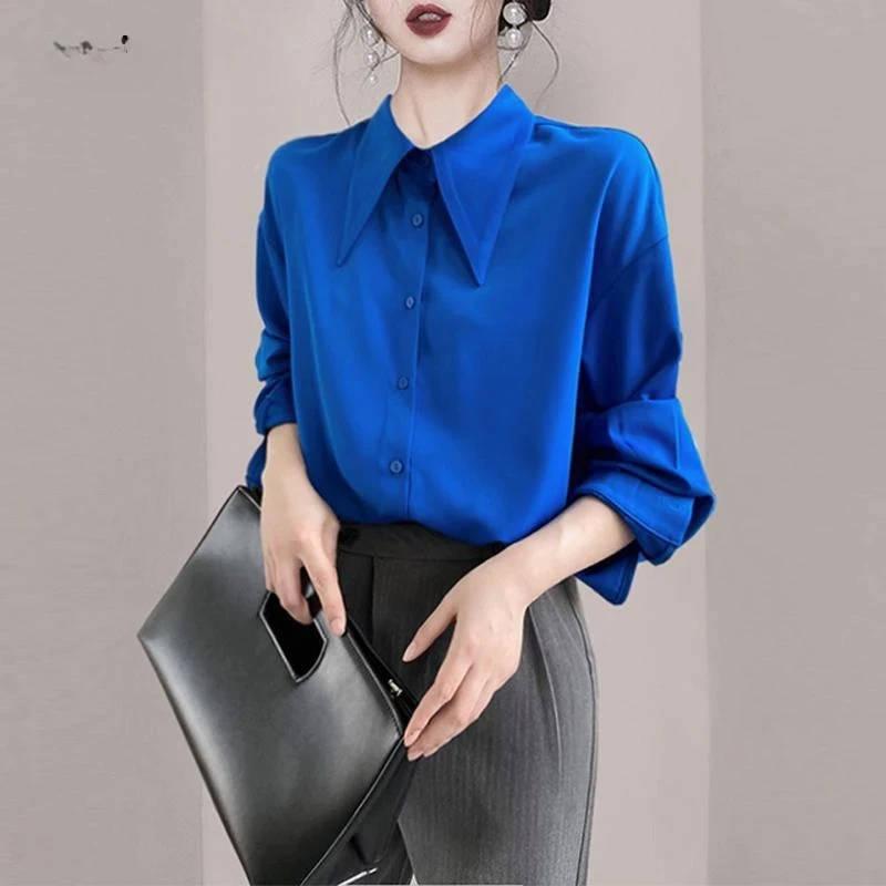 

Spring Autumn Korean Fashion Office Lady Chic Pointed Collar Long Sleeve Shirts Vintage White Blue Loose Blouse Top Women ZT414