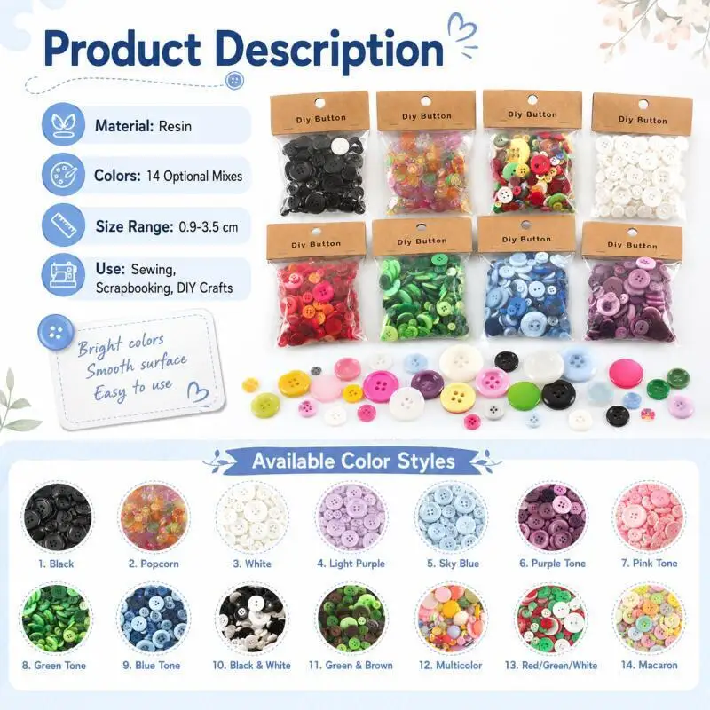 150g/Packung, gemischte Größen, gemischte Farben, Harzknöpfe 0,9-3,5 cm, Nähknöpfe, handgemachtes Scrapbook-Bastelzubehör, DIY-Nähzubehör – Detail 1