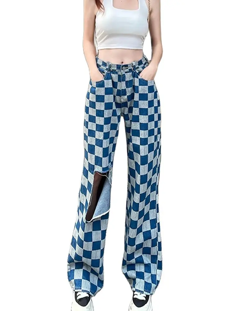 

2024 Spring/Summer New Ripped Jeans High Waist Checkered Pants Instagram style Y2K Streetwear Harajuku Baggy High Waist Pants