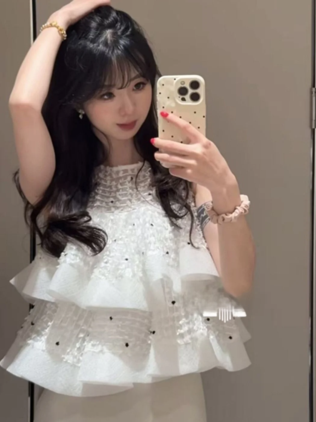

Sweet round Neck Sleeveless Double Layer Ruffle Hem Embroidered Shirt Japanese Style Women's Fashion Summer New Arrival