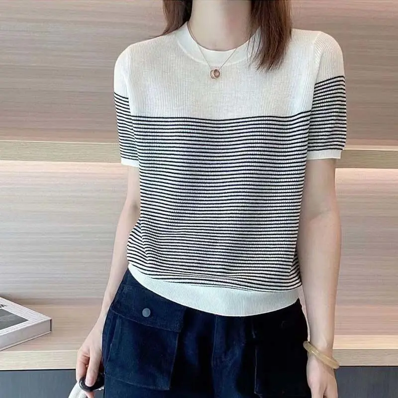 Korean Striped Knitted Pullovers Female Clothing Spliced Short Sleeve Summer Commute Casual Round Neck All-match Loose T-shirt