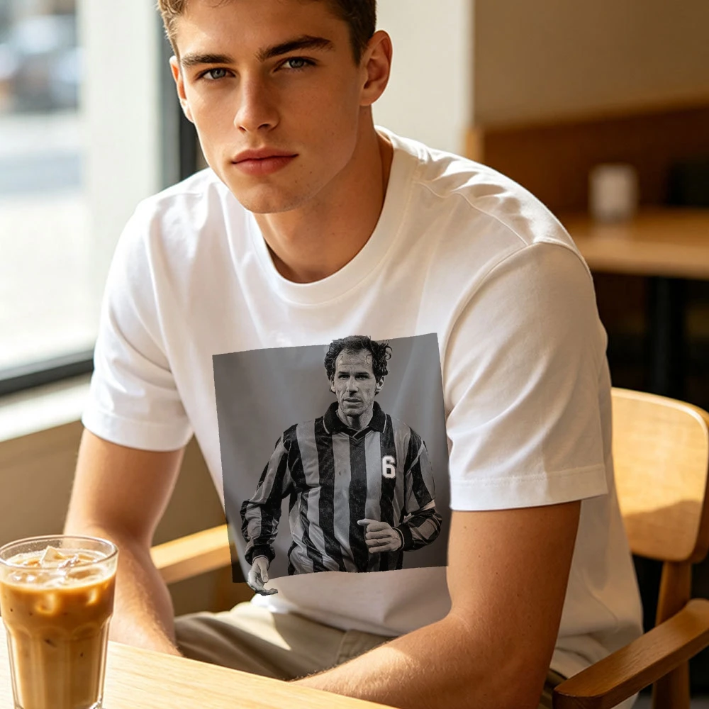 Franco Baresi Vintage Grey Square Monochrome Portrait Print Men White T Shirt Retro Italian Defender Icon Graphic Tee