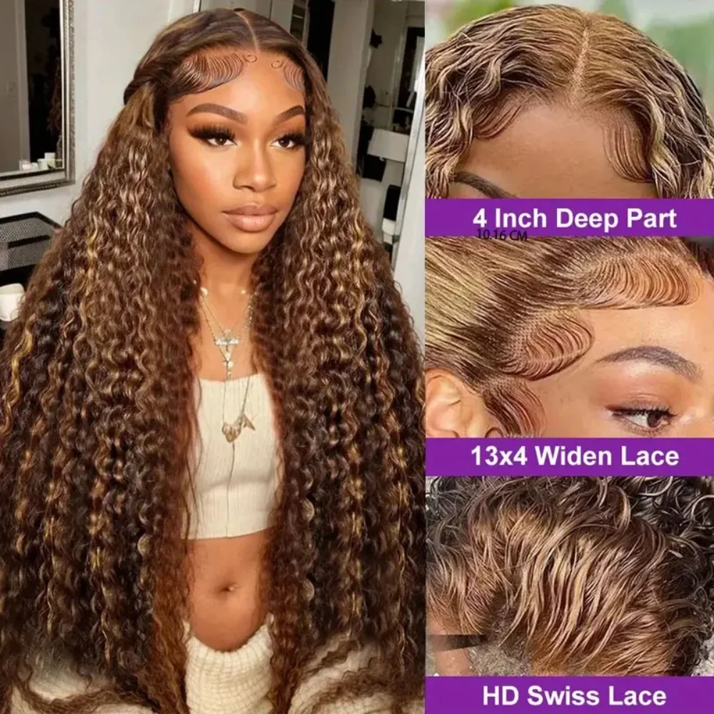 Peluca de cabello humano con encaje Frontal, postizo de 30 pulgadas, 13x4, 4/27 de onda profunda, prearrancado con cabello de bebé, 200 de densidad