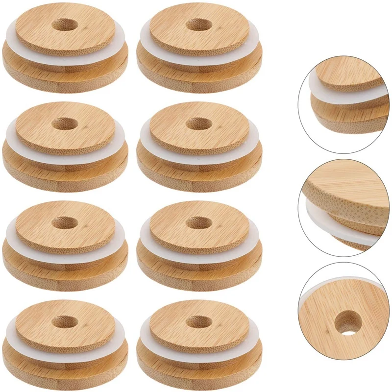 6X Reusable Bamboo Jar Lids 70MM Bamboo Mason Jar Lids With Straw Hole For Wide Mouth Mason Jar