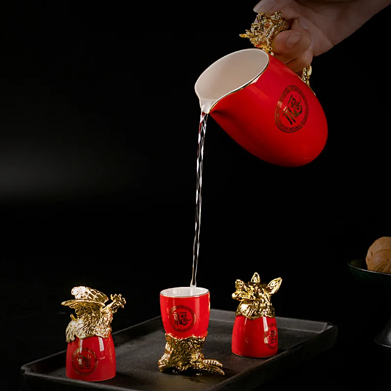 

Creative Ceramics The Twelve Chinese Zodiac Signs Wine Cup Dispenser Chinese Style Liquor Wine Set Zodiac Head Drinkware ZB409