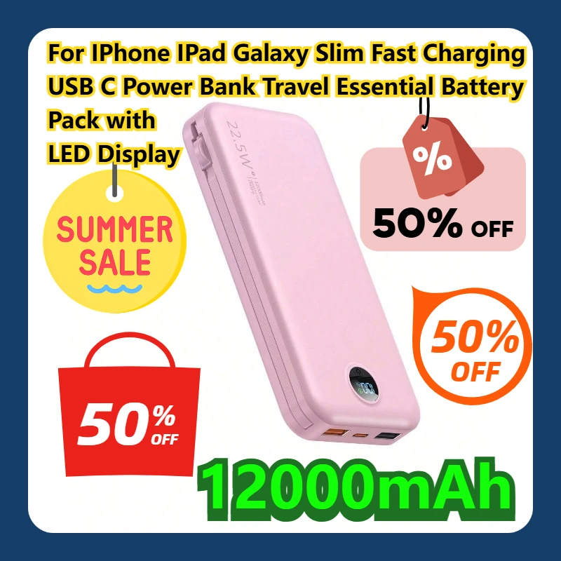

For IPhone IPad Galaxy 12000mAh Slim Fast Charging USB C Power Bank Travel Essential Battery Pack with LED Display