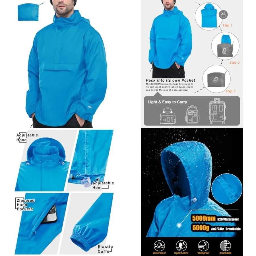 

33, 000Feet Men's Pullover Rain Jacket Waterproof with Hood Lightweight Packable Raincoat Windbreaker for Golf Travel