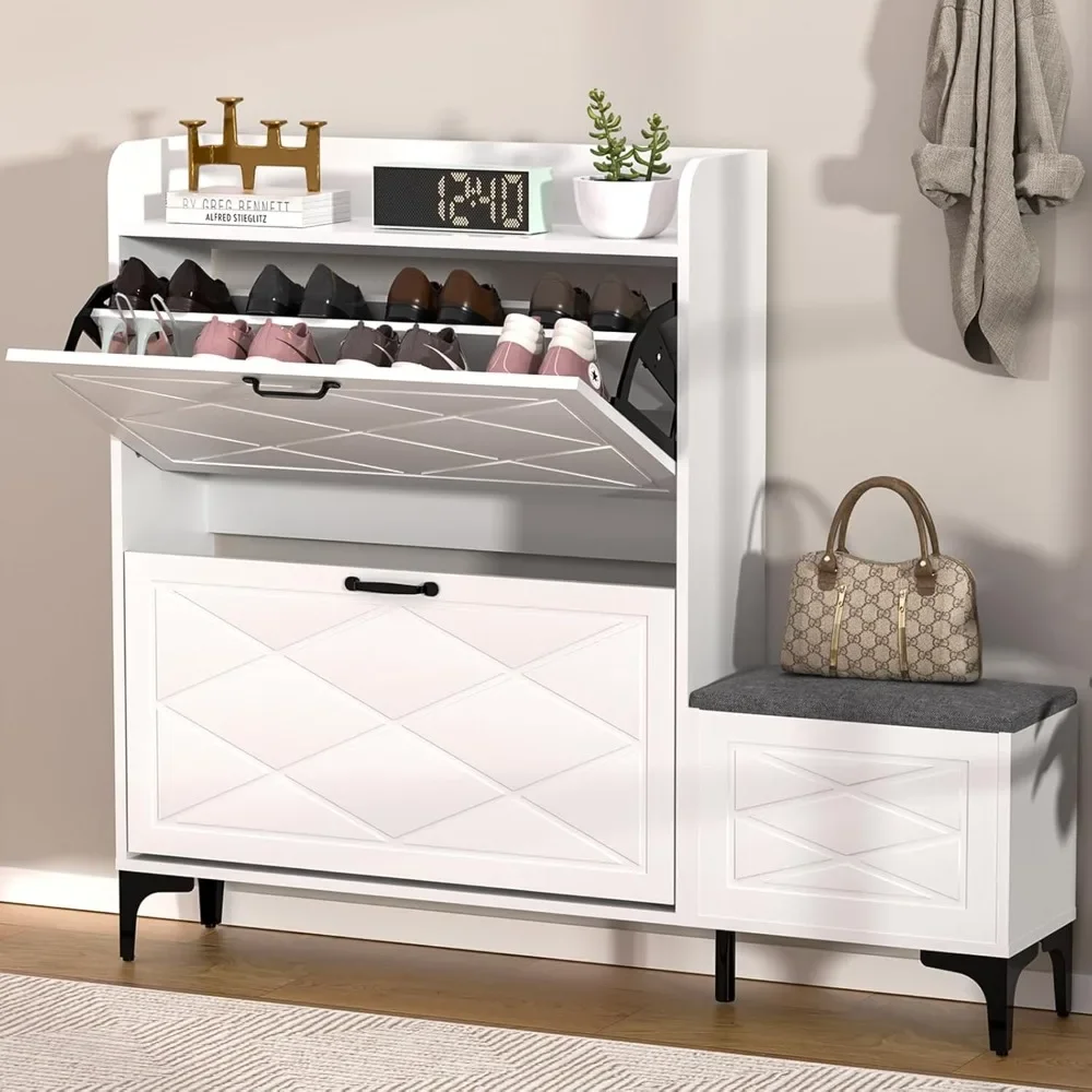 

Shoe Cabinet Storage for Entryway with Bench & Hidden Storage, Shoe Organizer with Ergonomic Opening, Curved Design