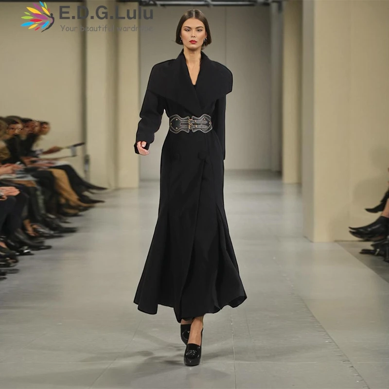 EDGLuLu Luxury Brands For Designer Big Turn-Down Collar Black Long Coat Long Sleeved Double Breasted Windbreaker 0710