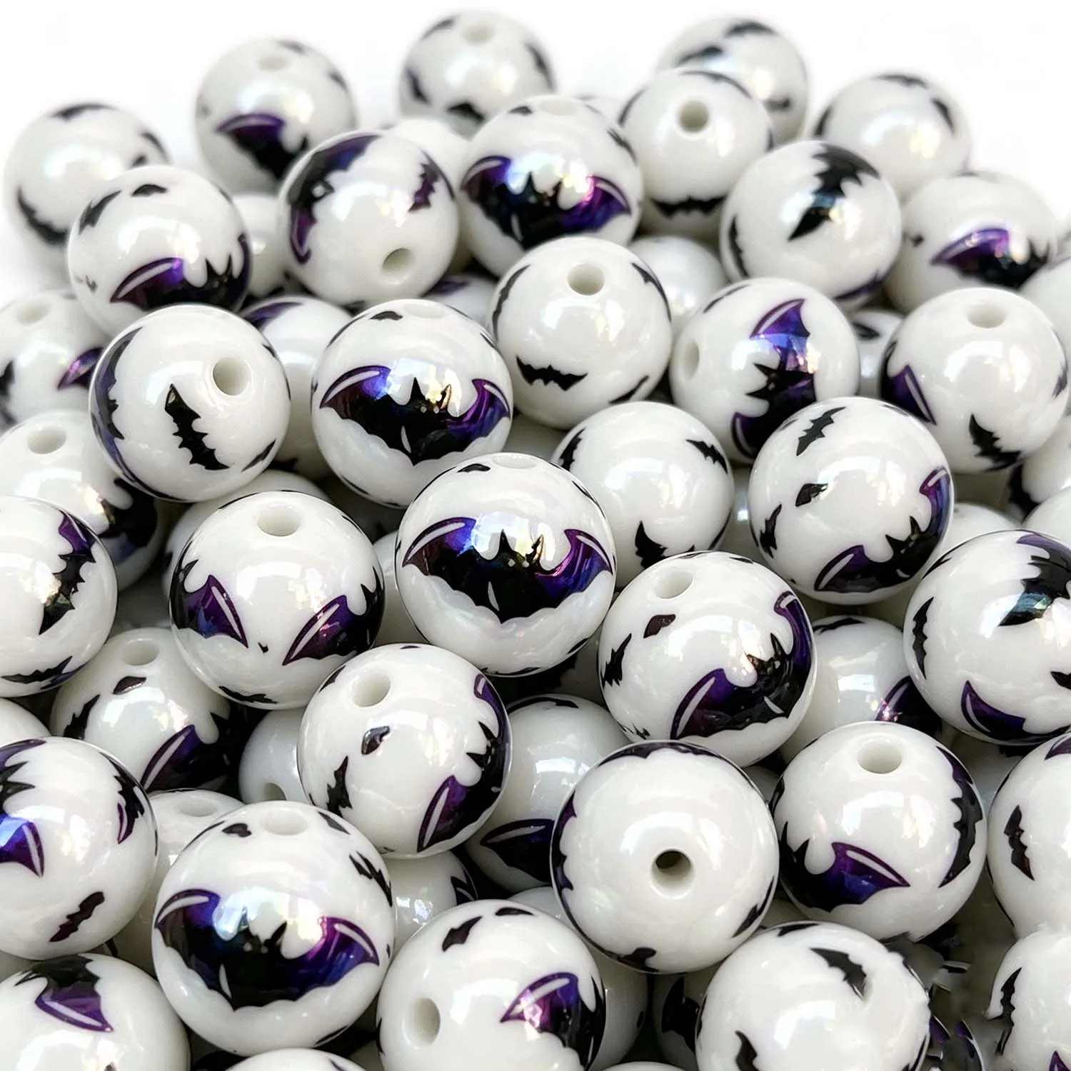 5/10pcs 16mm Acrylic Halloween Decorative Beads, White UV Printed Bat Loose Beads for DIY Jewelry Making Accessories
