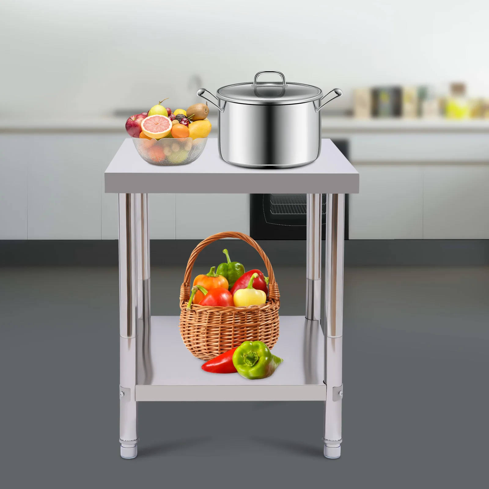 2단 스테인리스 스틸 준비 및 작업 테이블 24*18인치, 상업용 식품 준비 작업대 (하단 선반 포함) 레스토랑 가정 호텔용