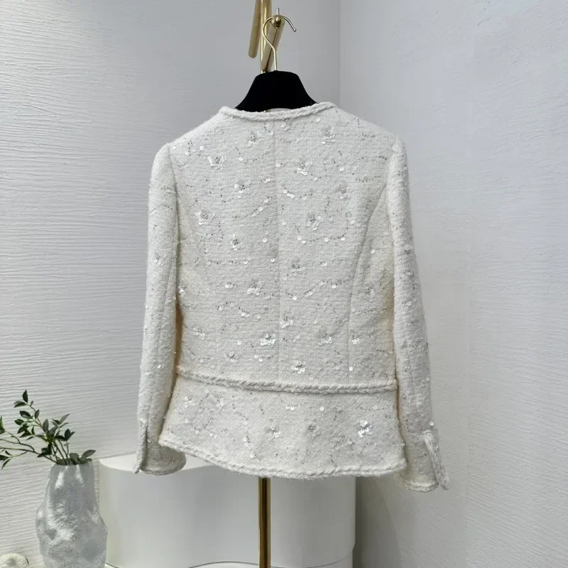 New Female 2024 High Quality Autumn Winter Daily Elegant Exquisite Sequined Long Sleeve Ivory Tweed Jacket