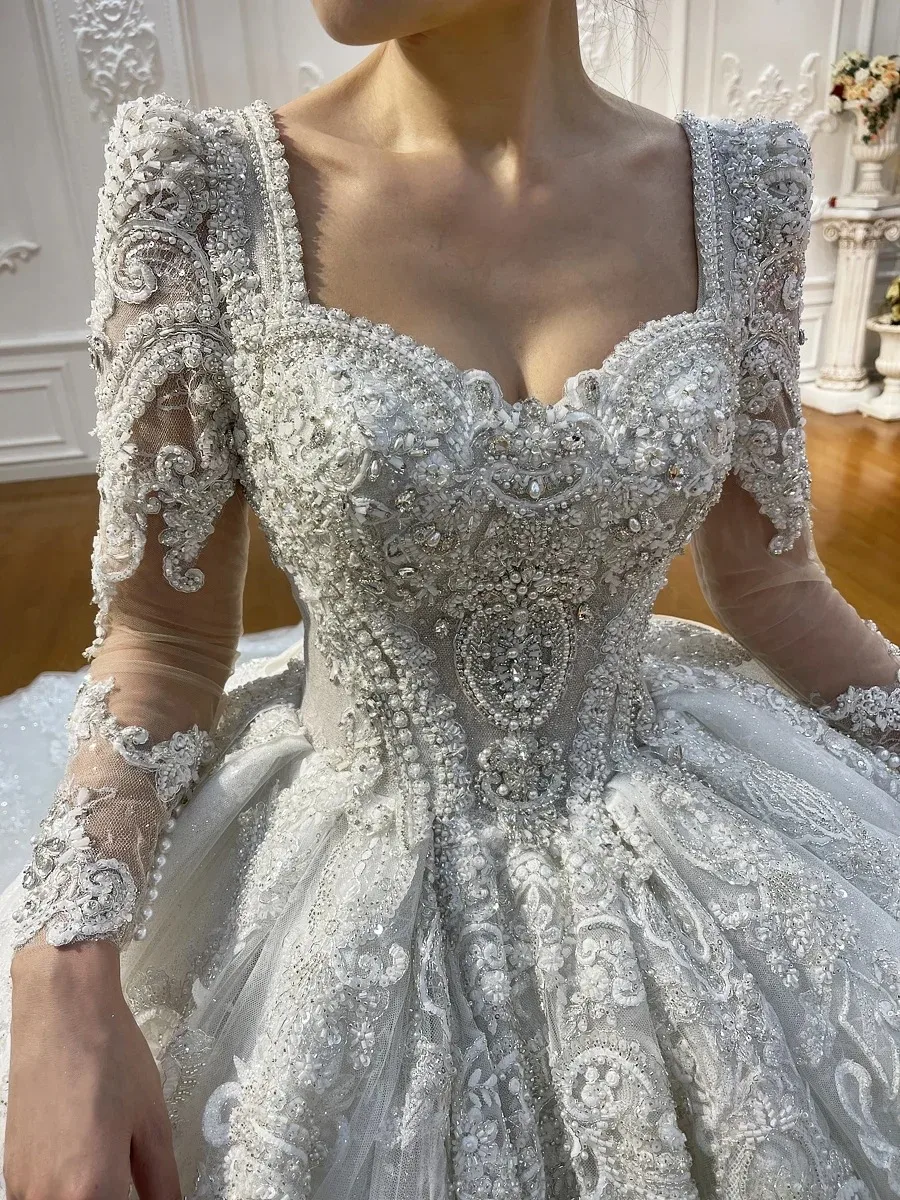 Custom Sweetheart Neck Long Sleeve Ball Gown Wedding Dress with Heavy Beaded Lace Court Train Bridal Gown for Women