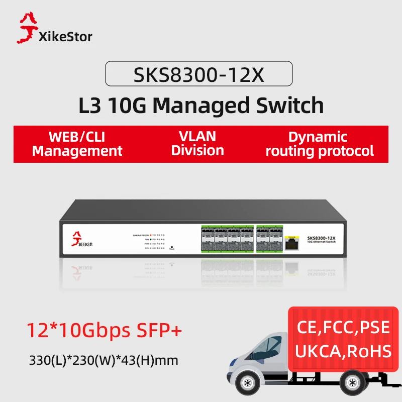 XikeStor 12-portowy 10G SFP+ L3 zarządzany wentylator chłodnicy Web/port zarządzania CLI Aggregation VLAN Division DHCP Dynamic Routing