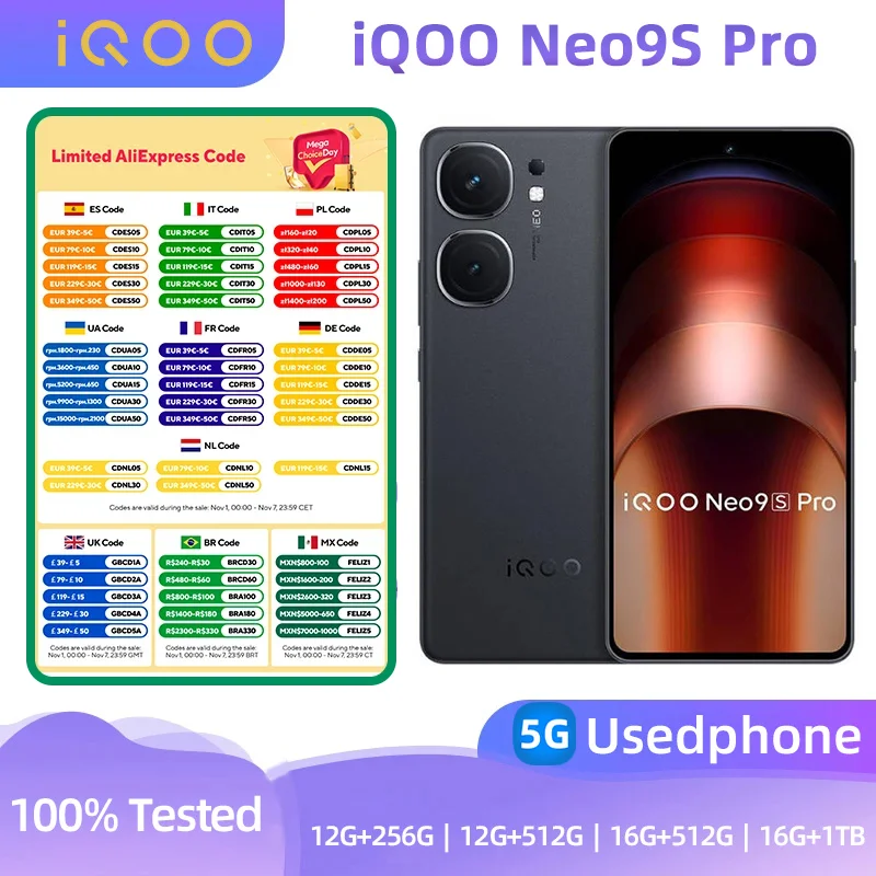 iQOO Neo9s Pro 5g SmartPhone Dimensity9300+ 6.78-inches Screen 50MP+16MP Camera 5160mAh 120w Charge Original Android Used Phone