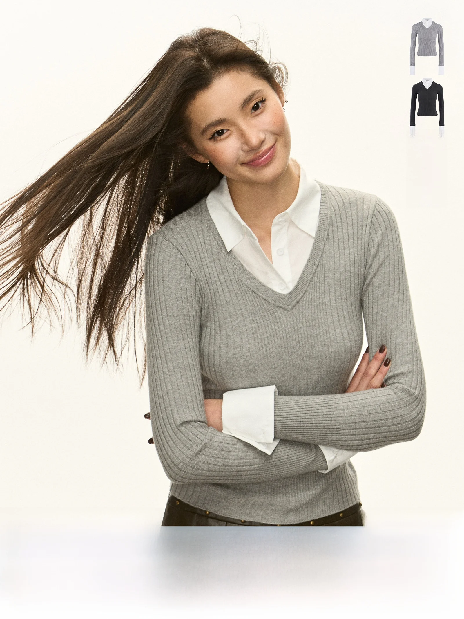 

Ariseism American Retro irt Collar Fake Two-Piece Sweater Women's Spring New Inner Knitted irt Street Sle Long Sve S...