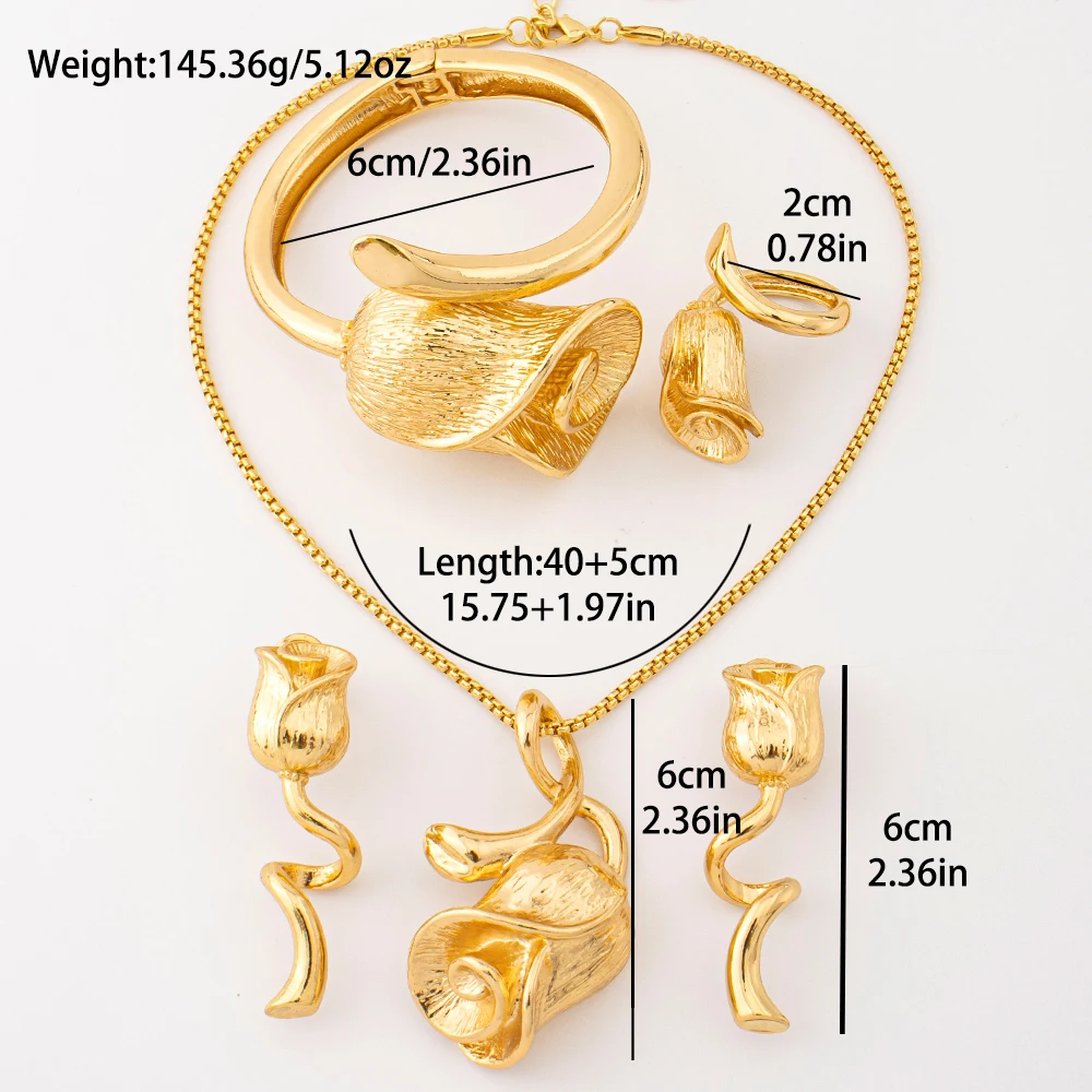 Luxury 18K Gold Plated Rose Flower 4Pcs Jewelry Set Women Dubai African Necklace Earrings Bracelet Ring Wedding Party Gifts