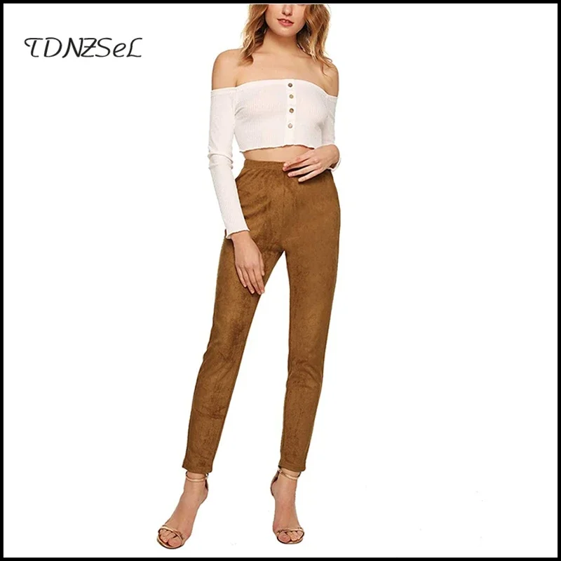 Stretch Seamless Legging Women Tan Faux Suede Leather Pants Slim Lady Autumn Skinny High Waist Pencil Trousers Fashion Custom