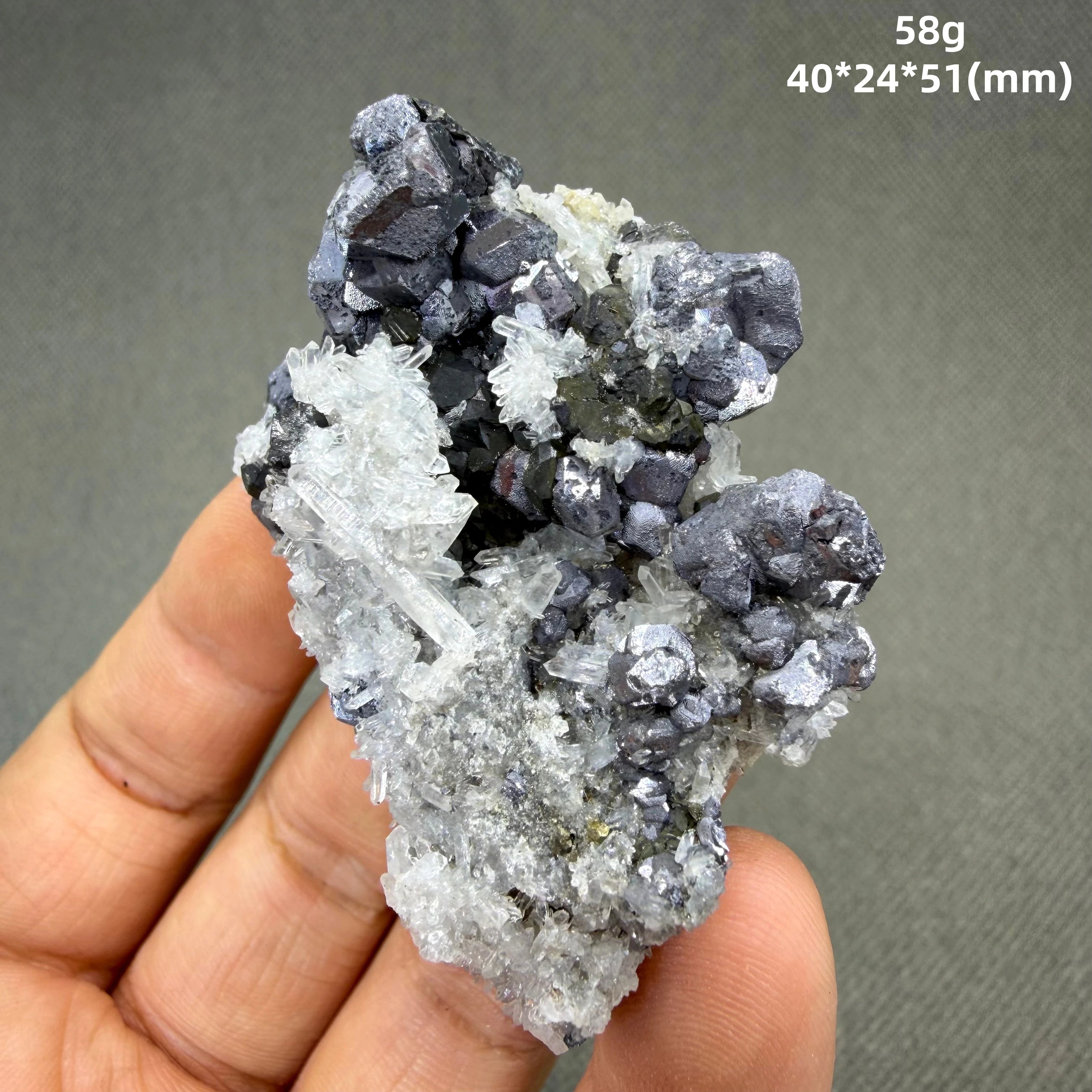 58g Galena naturally intergrown with Quartz — Sharp cubic crystals on clear prisms — No glue, no repair
