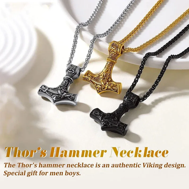 Norse Odin Viking Thor's Hammer Pendant Necklace Men Vintage 316L Stainless Steel Viking Necklace Chain Biker Jewelry Wholesale