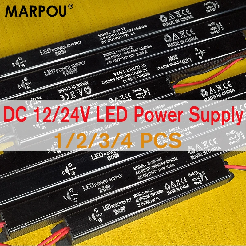 MARPOU LED Thin Power Supply Lighting 1/2/3/4PCS DC 24V 12V Transformer AC120-240V 24W 36W 60W 100W For LED Light Driver Adapter