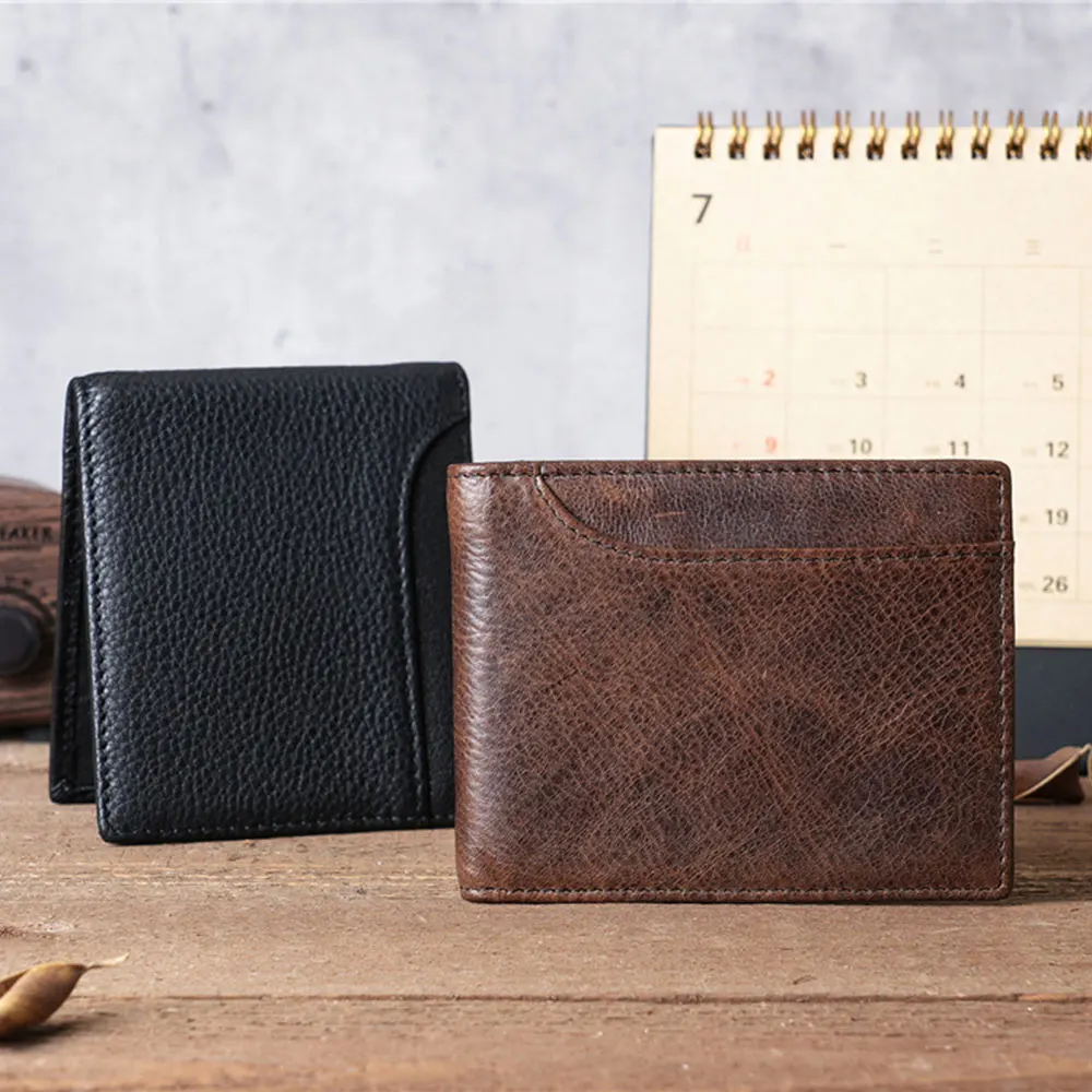 Rfid Blocking Wallet Men Vintage Cow Genuine Leather Wallet Multi Slot Clamp Package Money Clip Id Card Purse Short Wallet