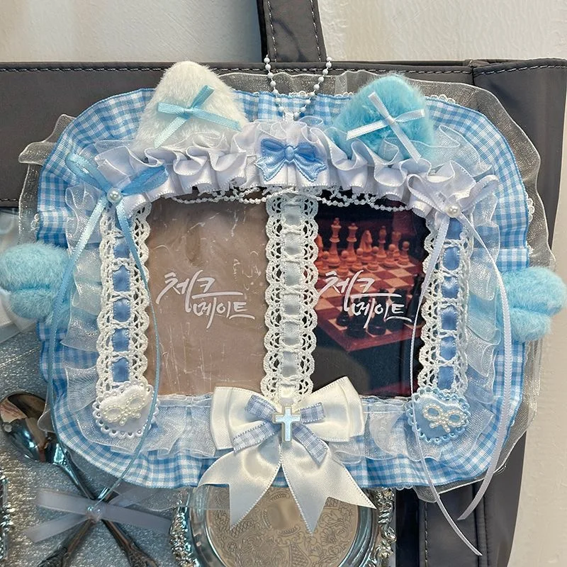 

designer double card holder DIY Ribbon Lolita Lace with Pearl grid Photocard Itabag accessories Ornament Id Card Display