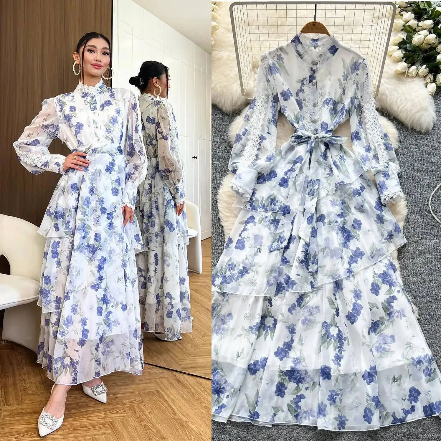 

Женское вечернее платье во французском стиле, весенне-осеннее однобортное кружевное лоскутное длинное платье с воротником-стойкой и рюшами