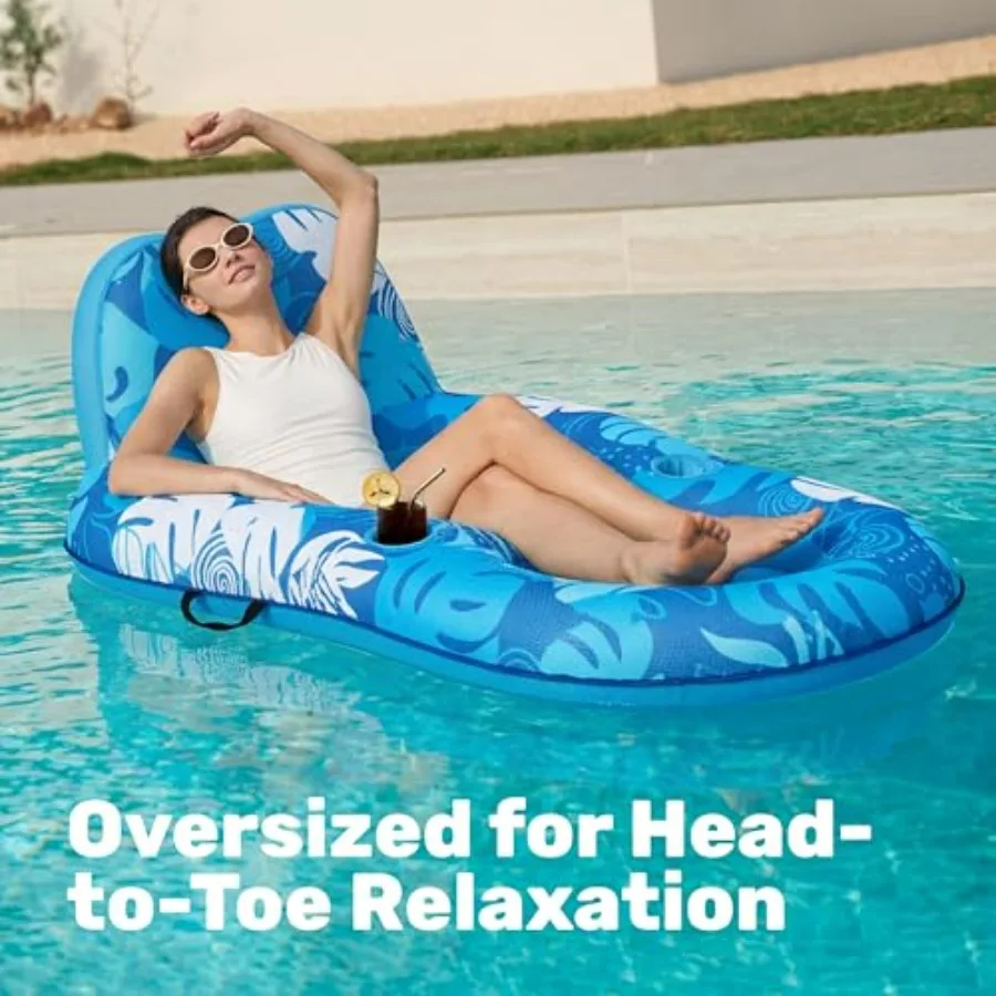 Premium Pool Floats Lounger for Adults - Inflatable Fabric Covered Float Recliner Pool Lounge Chair with Backrest Cup Holders f