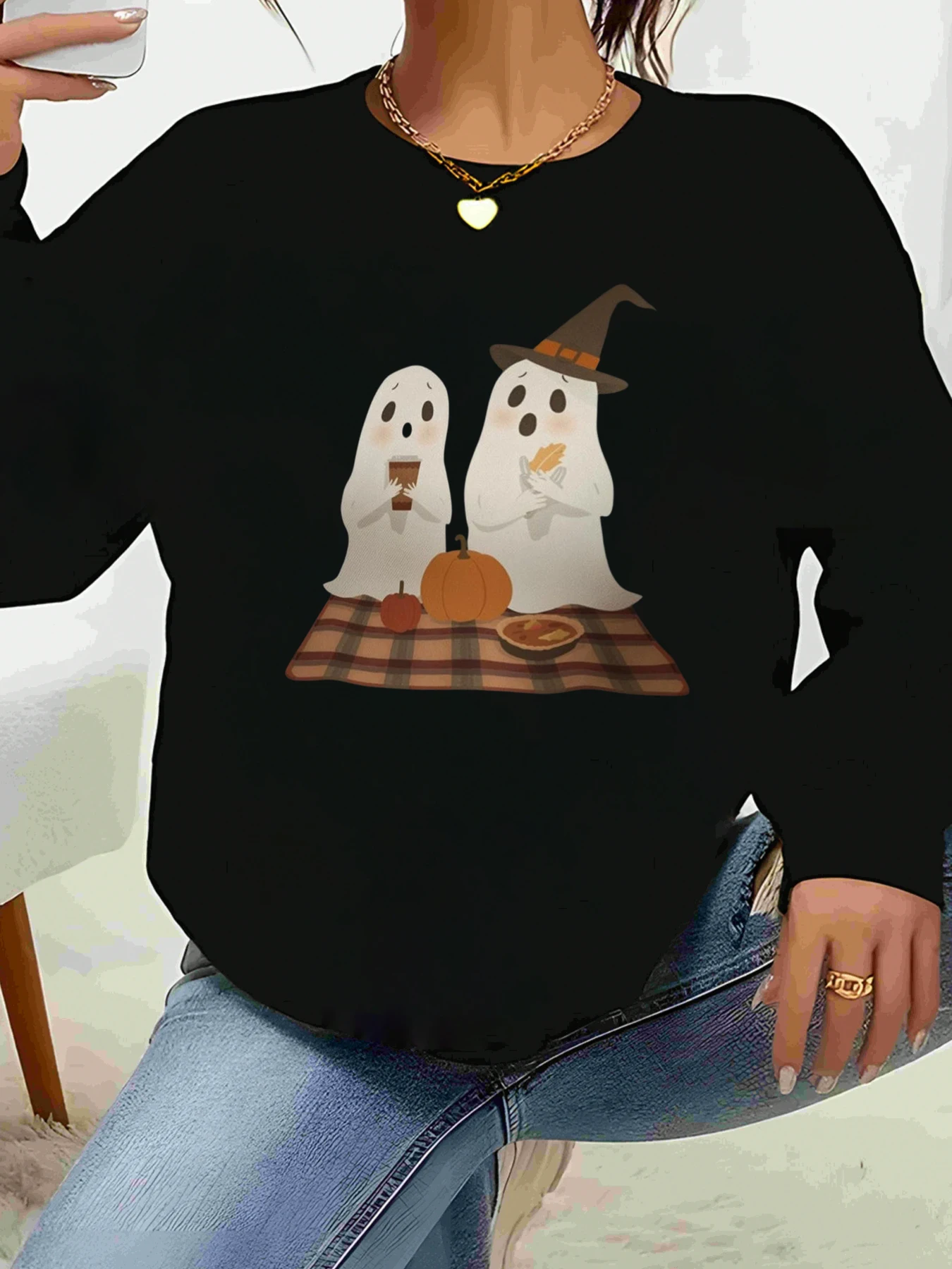 

Ghost Picnic Print Halloween Crewneck Sweater Casual Wear Women