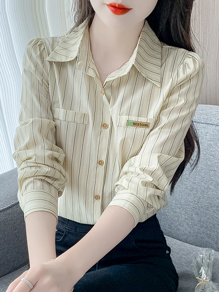 

Свободная длинная полосатая хлопковая рубашка с длинным рукавом, женская, на одной пуговице, в корейском стиле, весна-осень, новая модная универсальная блузка для женщин.