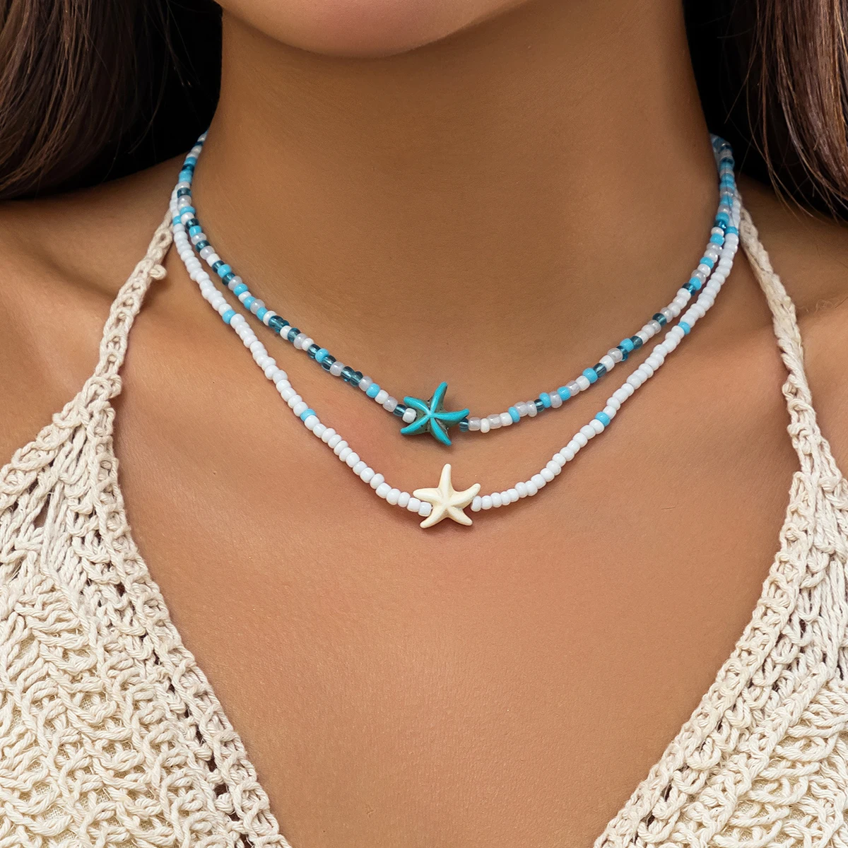 Salircon Trend Charm Acrylic Turtle Sea Star Double Layer Necklace Boho Seed Beads Beaded Short Necklace Women's Beach Jewelry