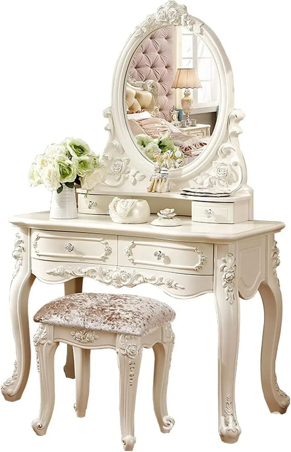 Makeup Table with Mirror, Bedroom Dressing Table with Drawer, European Dressing Table with Stool and Mirror