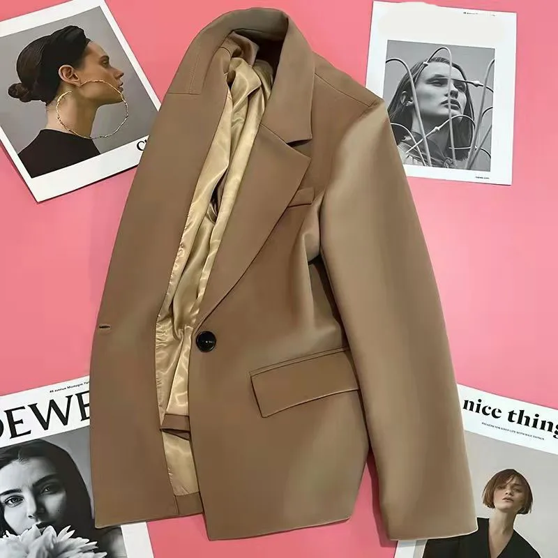 Women Fashion Single Button Blazer Vintage with Pockets Notched Neck Jacket Female Loose Version Long Sleeves Suit Outwear Tops