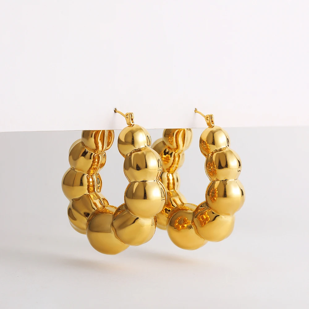 Vintage Punk Gold Plated Large Round Beaded Chunky Hoop Earrings for Women Lightweight Stainless Steel Hoops Statement Jewelry