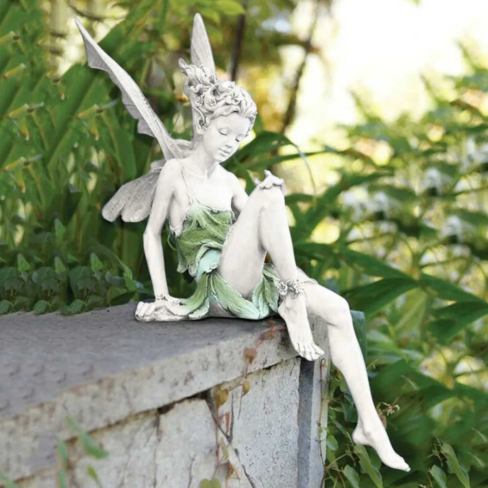 Flower Fairy Resin Statue Decoration Outdoor Garden Angel Girl Sitting Figurines Elf Sculpture Craft Landscape Yard Art Ornament